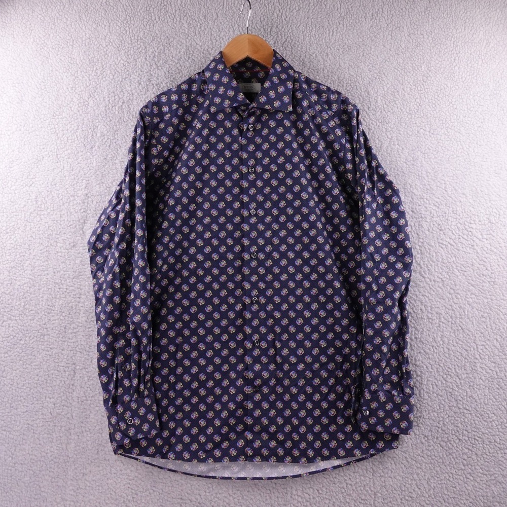 Eton Mens Contemporary Fit Navy Blue Floral Medallion Print Dress Shirt 16.5-42 - Picture 2 of 9